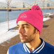 Load image into Gallery viewer, Man with neon pink Saltbox pom pom beanie on head
