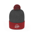 Load image into Gallery viewer, Grey and red Saltbox pom pom beanie standing