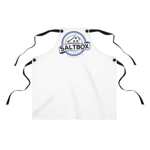White apron with black straps with Saltbox Brewing logo on it