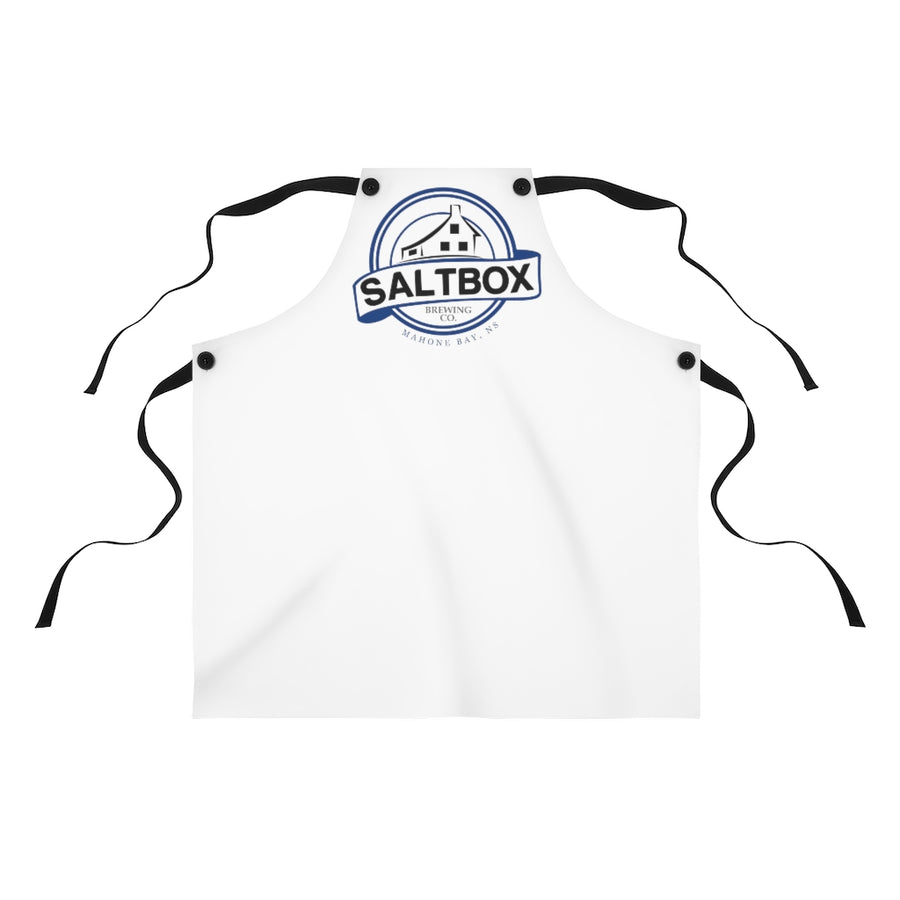 White apron with black straps with Saltbox Brewing logo on it