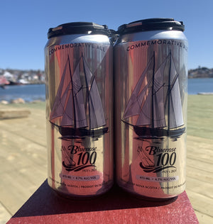 Saltbox Brewing Company Bluenose 100 Commemorative Ale 473ml on boardwalk.