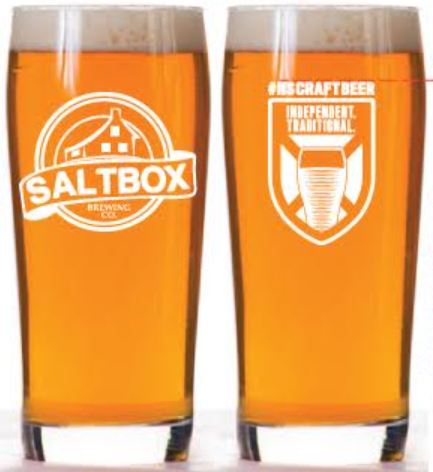 20oz beer glass front and back with Saltbox logo